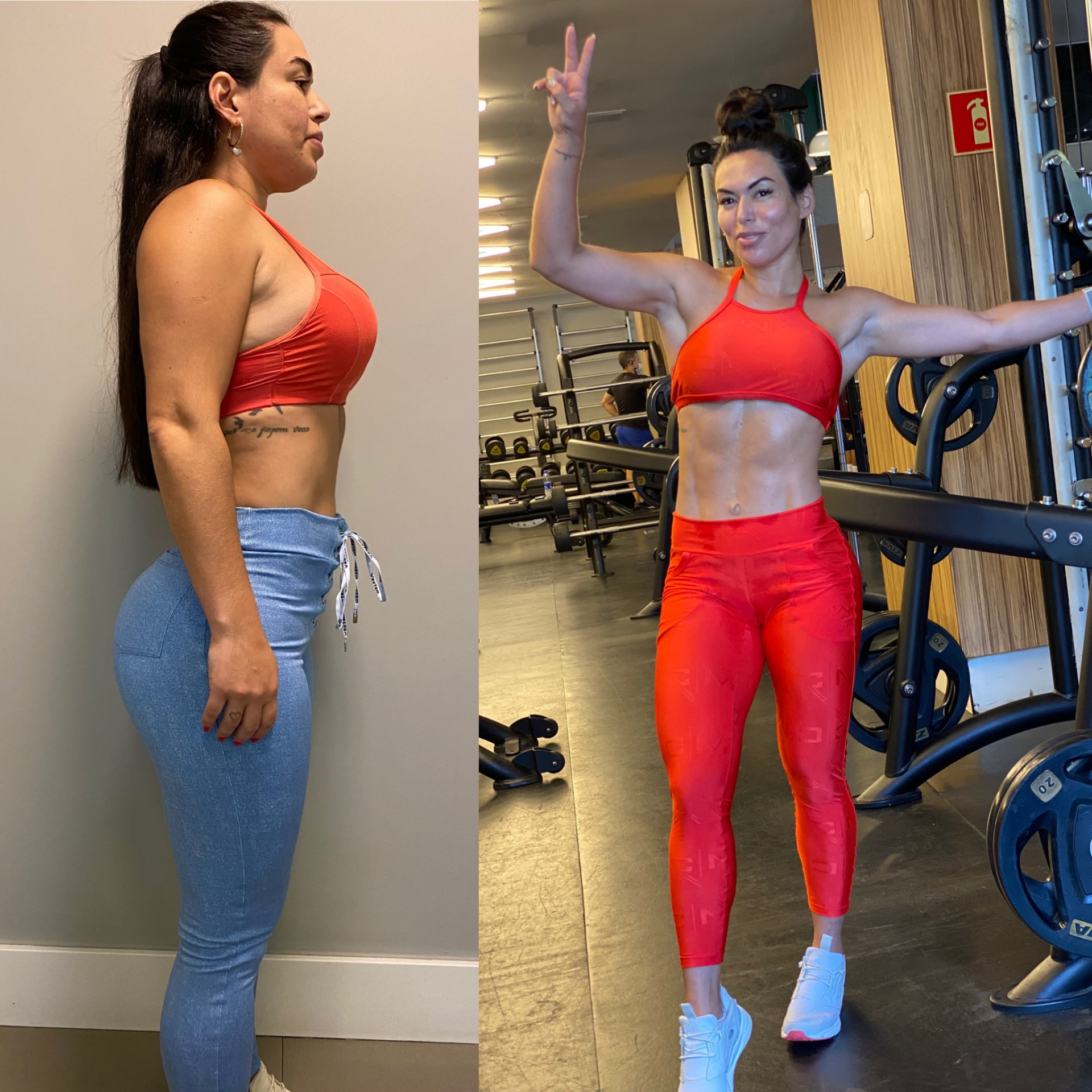 Antes e depois de aluna com corpo definido após acompanhamento
